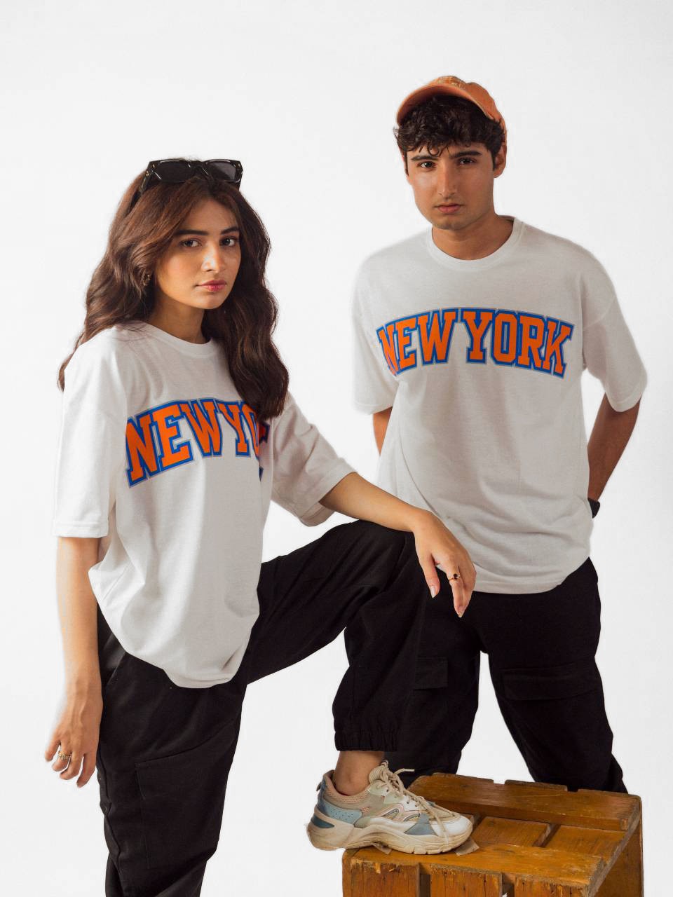 White New York orng oversize drop shoulder t-shirt