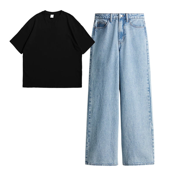 Black drop shoulder t-shirt with light blue wide leg jeans