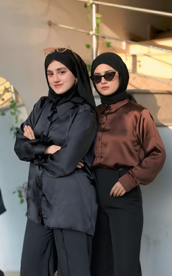 Pack of two button down silk shirts ( black - brown)