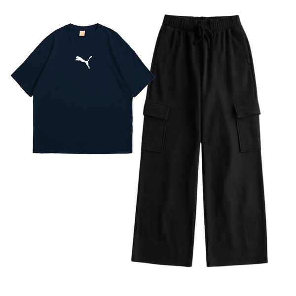 Blue PMA drop shoulder T-shirt with cargo trouser set