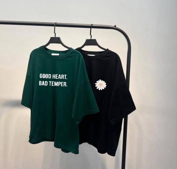 Pack of two drop shoulder oversize t-shirts ( green good heart - black daisy)
