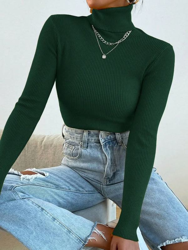 Solid green ribbed turtleneck
