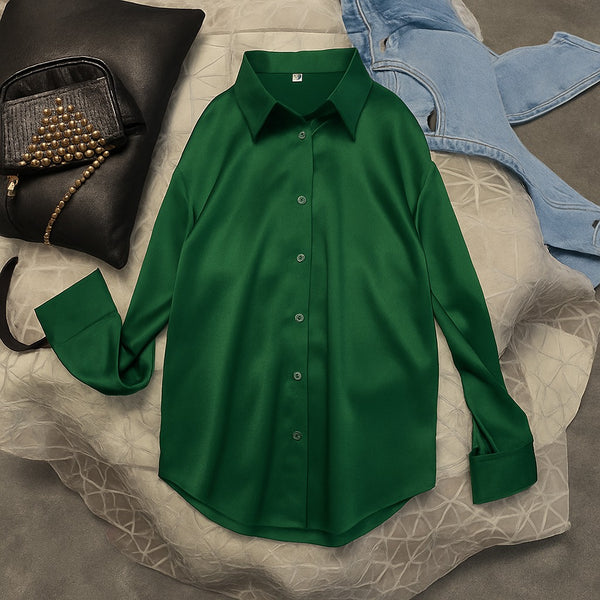 Green button down silk shirt