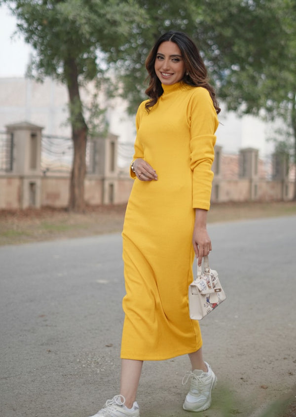 Yellow highneck bodycon dress