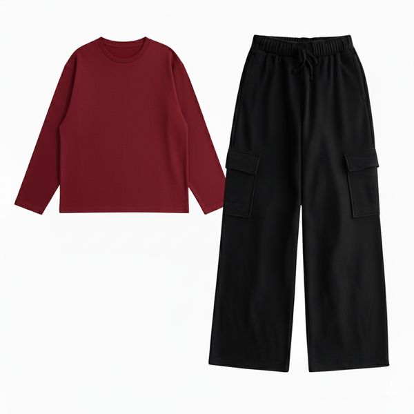 Maroon full sleeves T-shirt with cargo trouser set