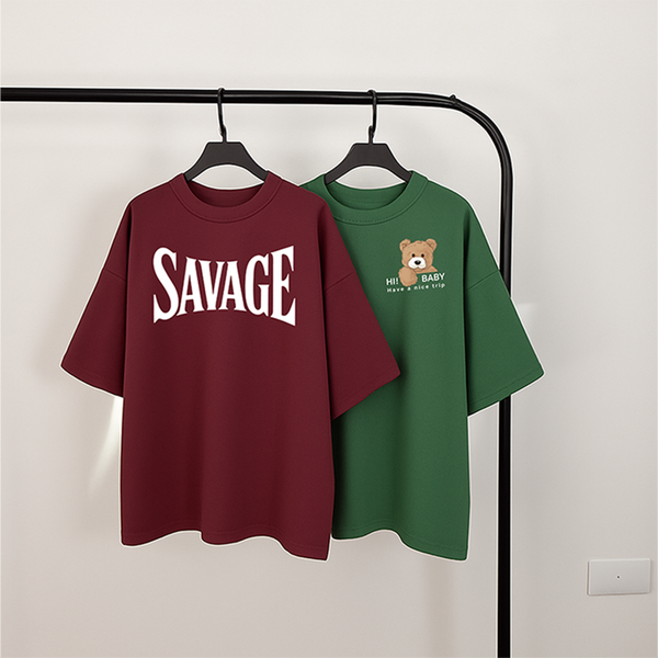 Pack of two oversize drop shoulder t-shirts ( maroon savage - green bear )