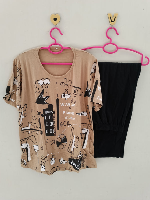 Brown planet cotton jersey nightsuit
