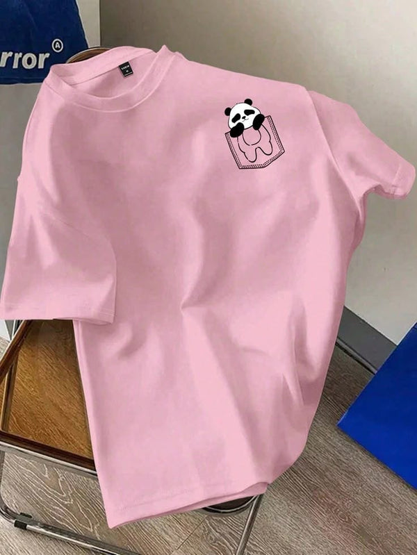 Pink pocket panda oversize drop shoulder t-shirt