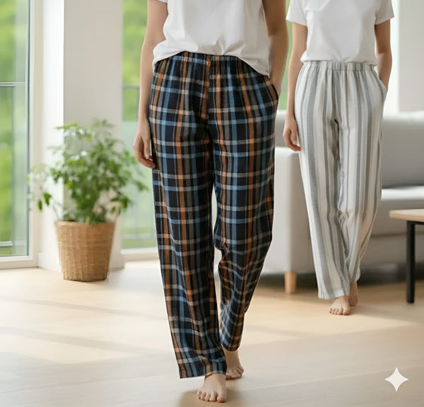 Pack of two cotton jersey trousers (check - stripes )