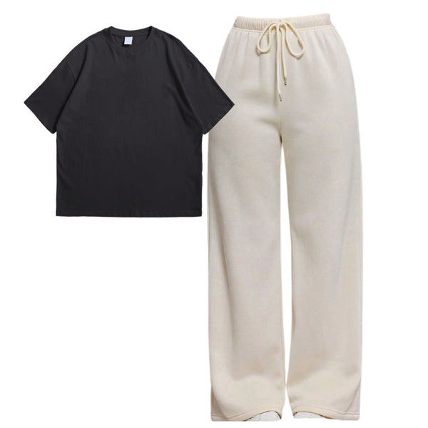 Black plain drop shoulder T-shirt with skin flapper trouser set