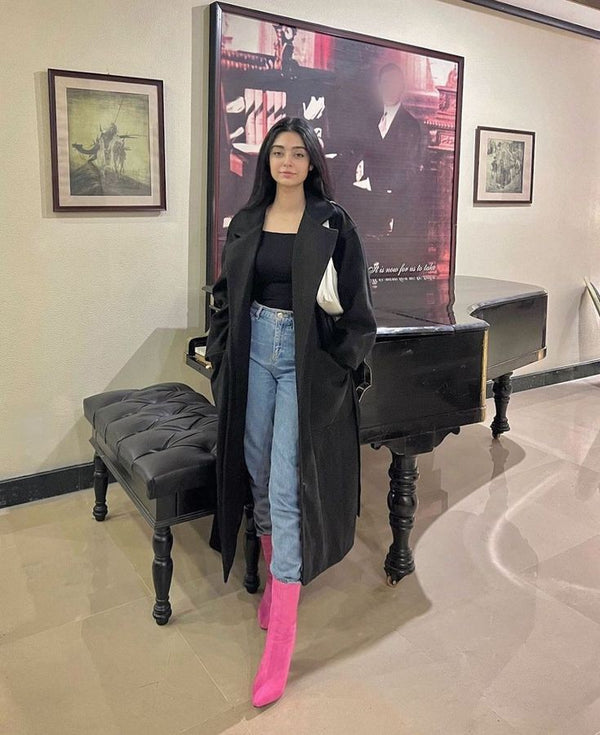 Black long fleece coat for women