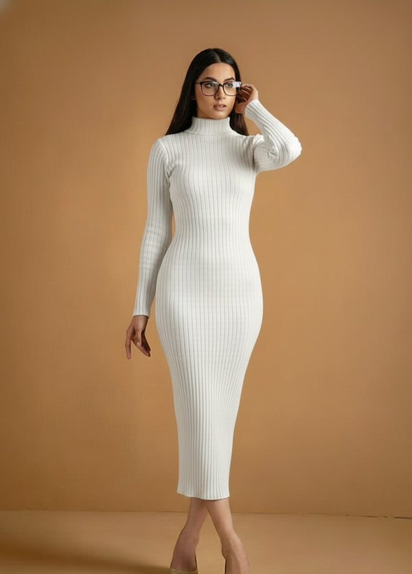 White ribbed highneck bodycon dress