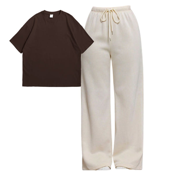 Brown plain drop shoulder T-shirt with skin flapper trouser set