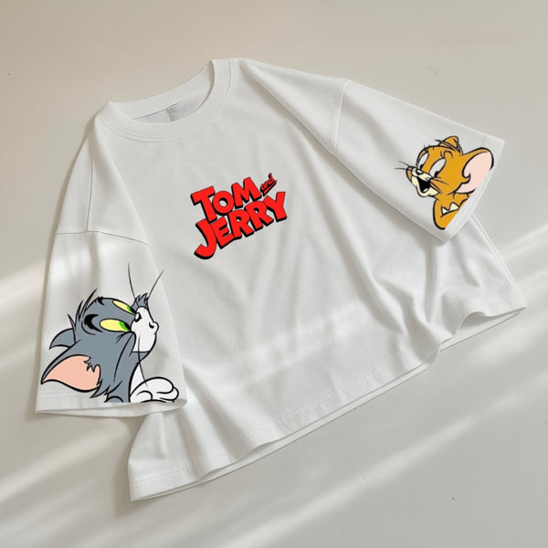 White Tom and Jerry oversize drop shoulder t-shirt