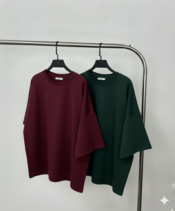 Pack of two plain drop shoulder oversize t-shirts (maroon - bottle green)
