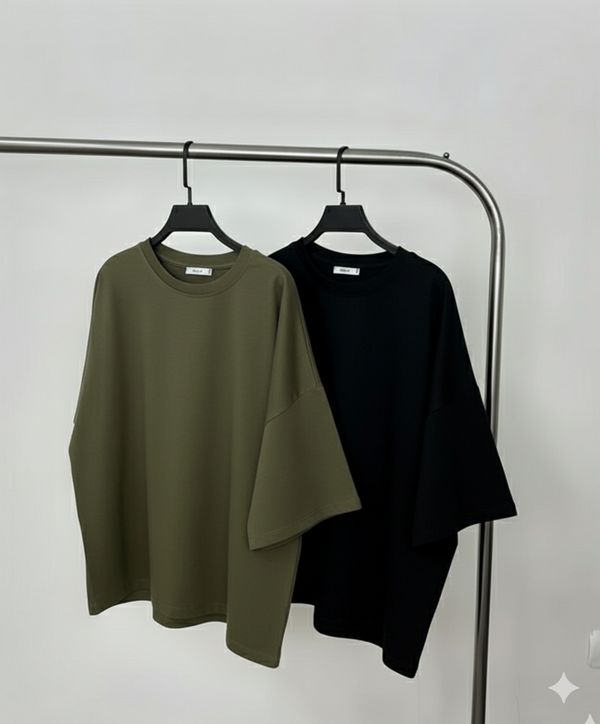 Pack of two plain drop shoulder oversize t-shirts ( olive green - black)