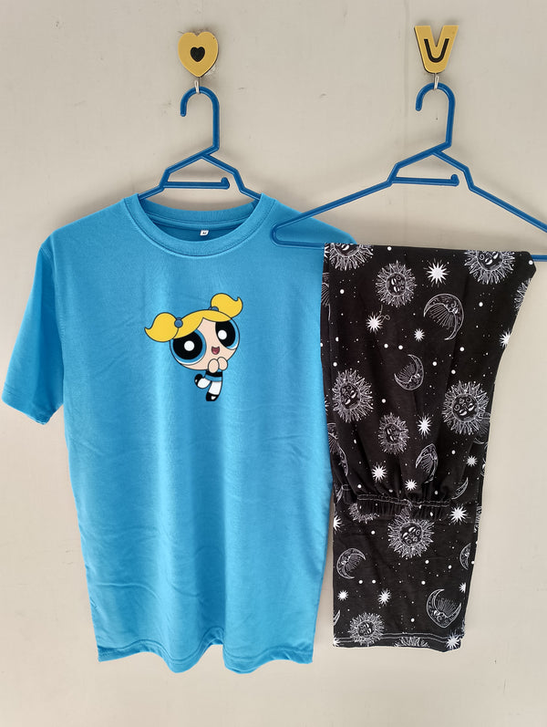 Sky blue bubbles cotton jersey nightsuit