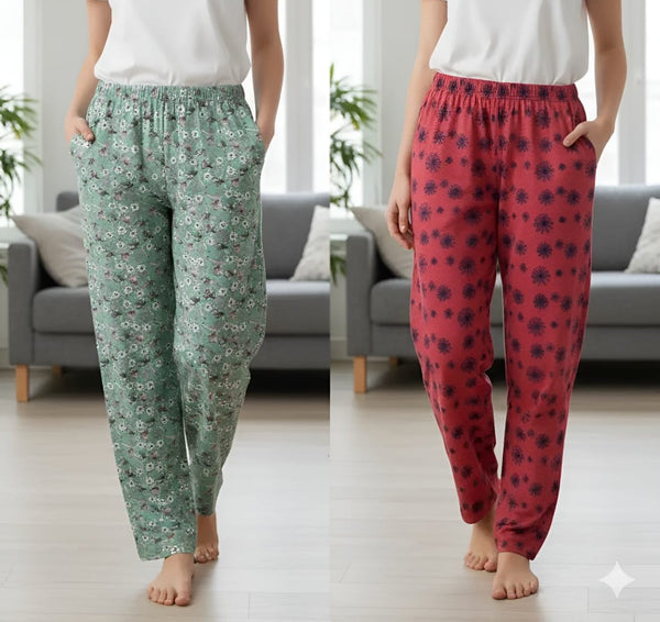 Pack of two cotton jersey trousers (green flower - red flower)