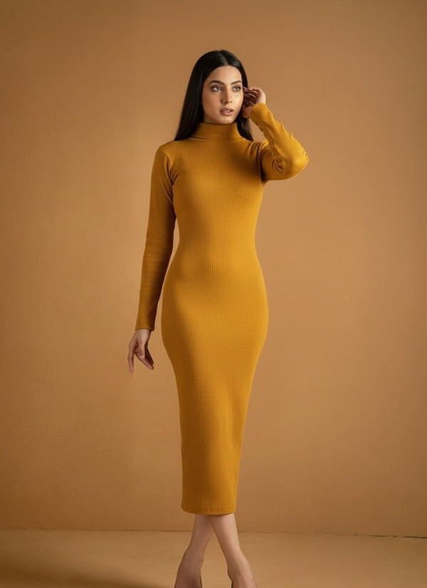 Mustard highneck bodycon dress