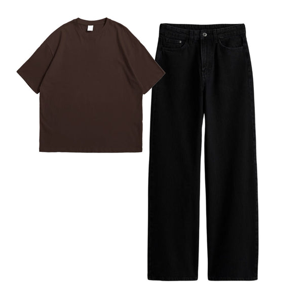 Brown drop shoulder t-shirt with black wide leg jeans