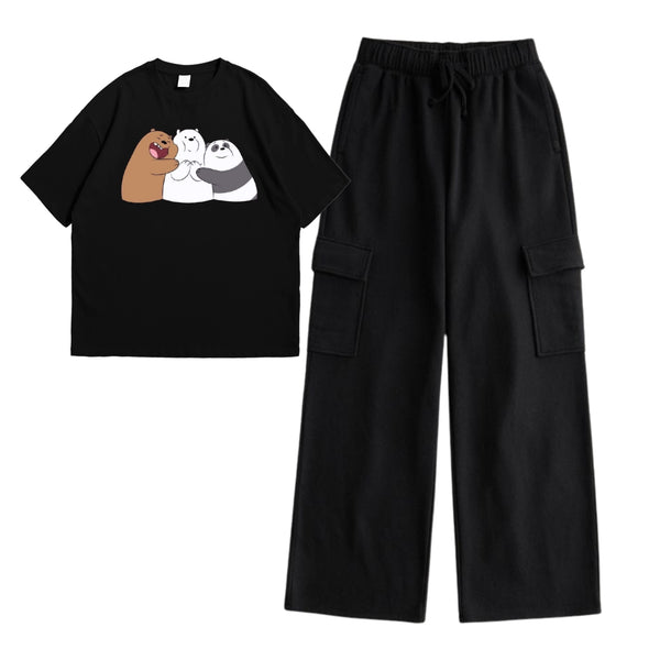 Bare bears drop shoulder T-shirt with cargo trouser set