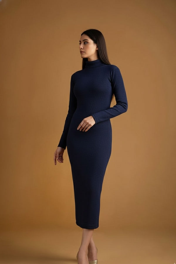 Blue highneck bodycon dress